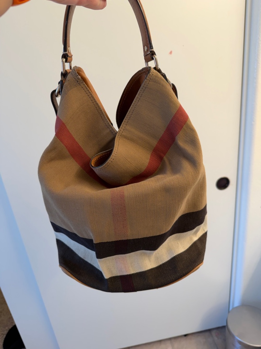 Burberry Tan Canvas Shoulder Bag with Red and Black Stripe Accents